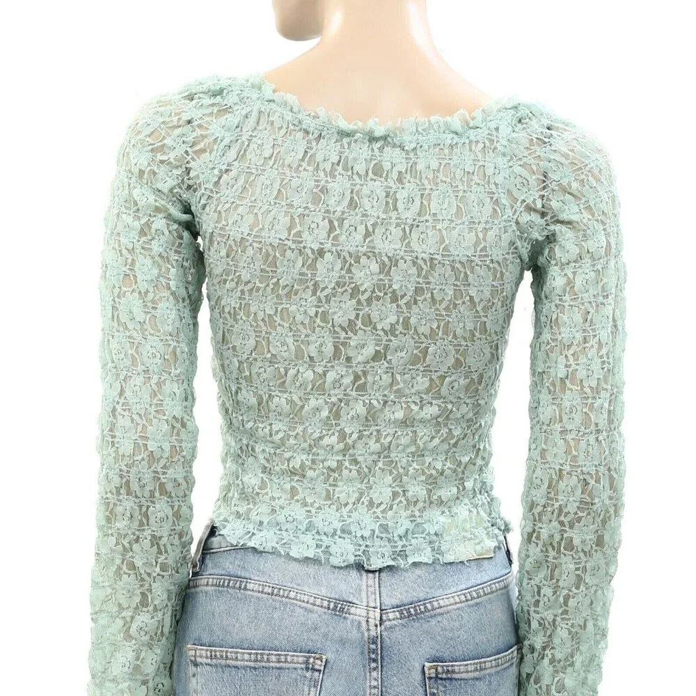 Free People FP One Madison Blouse Top Sheer Long Sleeve Fitted Smocked XS